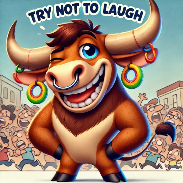 DALL·E 2024-11-10 00.54.18 - A playful cartoon bull named Bullinho, with brown fur, colorful earrings, and a cheeky expression, similar in style to the provided image. Bullinho st